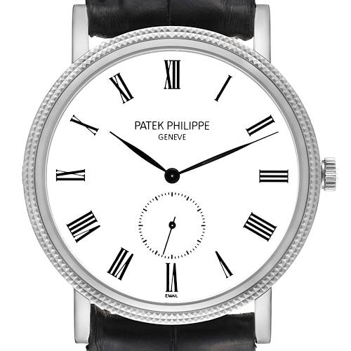 The image shows the face and upper part of the Calatrava model by Patek Philippe from a front angle.