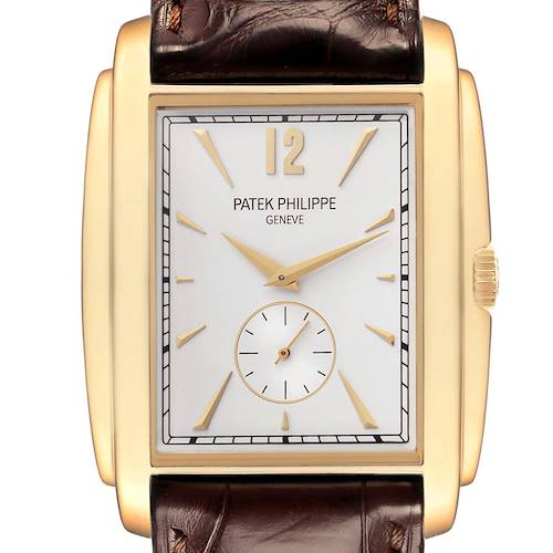 The image shows a front view of the Patek Philippe Gondolo 5124J-001 Men's Yellow Gold Silver Dial 5124J-001 Men's Yellow Gold Silver Dial watch, highlighting its rectangular case and dial details.