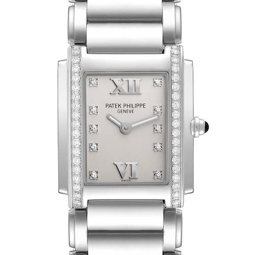 This image shows a front view of a Patek Philippe Twenty-4 4910/10A-011 Women's Stainless Steel Silver Dial 4910/10A-011 Women's Stainless Steel Silver Dial model watch, highlighting the dial, hands, and bracelet.