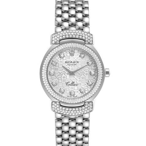 The image shows a frontal view of a Rolex Cellini 6673 Women's White Gold Silver Dial 6673 Women's White Gold Silver Dial watch, highlighting the face, bezel, and part of the bracelet.