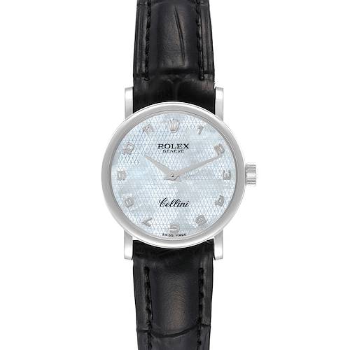 This image shows a front view of a Rolex Cellini 6110 Women's White Gold Mother of Pearl Dial 6110 Women's White Gold Mother of Pearl Dial watch, displaying the face, strap, and crown.