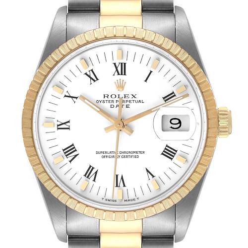 The Rolex Date 15223 Men's Steel and Gold (two tone) White Dial 15223 Men's Steel and Gold (two tone) White Dial model watch is shown from a straight-on angle, displaying its face, bezel, hands, and part of the bracelet.