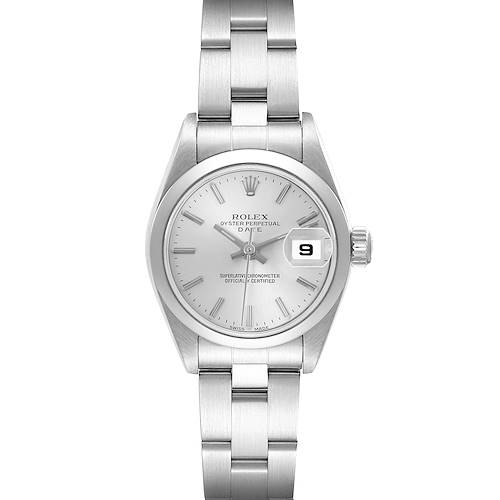 The Rolex Date 79160 Women's Stainless Steel Silver Dial 79160 Women's Stainless Steel Silver Dial model watch is shown from the front, displaying the dial, bracelet, crown, and date window clearly.