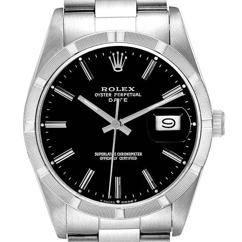 The image shows a frontal view of the Rolex Date 15010 Men's Stainless Steel Black Dial 15010 Men's Stainless Steel Black Dial model, highlighting the face, bezel, hands, date window, and part of the bracelet.
