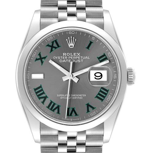 The image shows a close-up, frontal view of a Rolex Datejust 126200 Men's Stainless Steel Grey Dial 126200 Men's Stainless Steel Grey Dial watch displaying its dial, bezel, and bracelet.