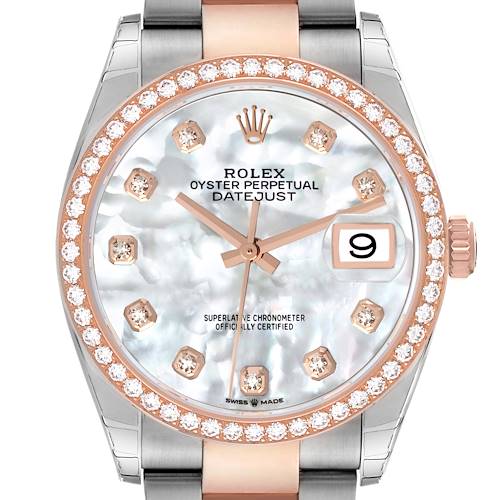 This image shows a frontal view of a Rolex Datejust 126281RBR Men's Steel and Gold (two tone) Mother of Pearl Dial 126281RBR Men's Steel and Gold (two tone) Mother of Pearl Dial watch featuring a diamond bezel, mother-of-pearl dial, and date window.