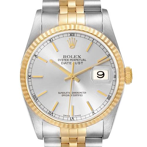 The image shows a front view of the Rolex Datejust 16233 Men's Steel and Gold (two tone) Silver Dial 16233 Men's Steel and Gold (two tone) Silver Dial watch, highlighting the dial, fluted bezel, and part of the bracelet.