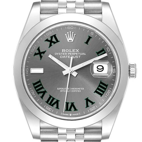 The image shows a front view of a Rolex Datejust 41 126300 Men's Stainless Steel Grey Dial 126300 Men's Stainless Steel Grey Dial watch with a gray dial and green Roman numerals.