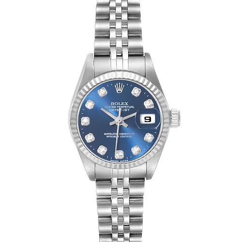 The image shows a front view of a Rolex Datejust 79174 Women's Stainless Steel Blue Dial 79174 Women's Stainless Steel Blue Dial watch, featuring its bracelet, dial, and date window.
