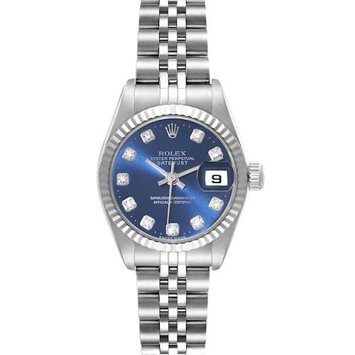 The image shows a Rolex Datejust 79174 Women's Stainless Steel Blue Dial 79174 Women's Stainless Steel Blue Dial watch from a frontal angle, displaying the face, bezel, and part of the bracelet.