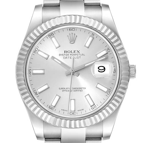 The image shows a front view of a Rolex Datejust 41 116334 Men's Stainless Steel Silver Dial 116334 Men's Stainless Steel Silver Dial watch, displaying its dial, bezel, and part of its bracelet.
