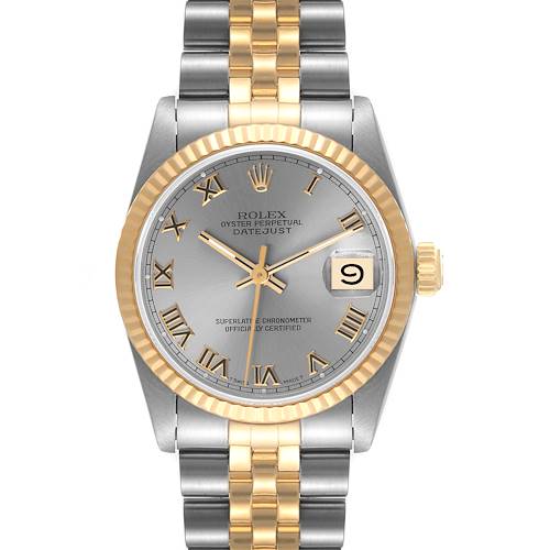 This image shows a Rolex Oyster Perpetual Datejust Mid-Size watch from a front angle, displaying the dial, bezel, crown, and bracelet.