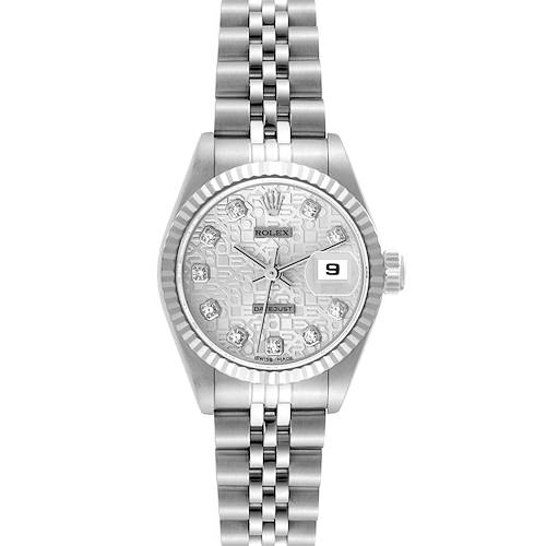The image shows a Rolex Datejust 69174 Women's Stainless Steel White Dial 69174 Women's Stainless Steel White Dial watch from a front angle, highlighting the dial, bezel, and bracelet.