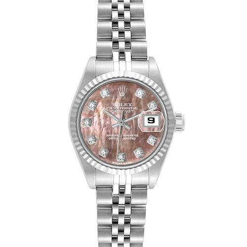The Rolex Datejust 79174 Women's Stainless Steel Mother of Pearl Dial 79174 Women's Stainless Steel Mother of Pearl Dial watch is shown from a front angle, highlighting its face, bezel, crown, and band.