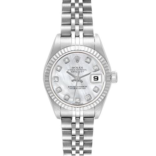 The Rolex Datejust 79174 Women's Stainless Steel Mother of Pearl Dial 79174 Women's Stainless Steel Mother of Pearl Dial watch is shown from a top-down angle, highlighting its face, fluted bezel, bracelet, and date window.