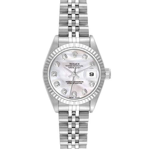 The image shows a frontal view of the Rolex Datejust 79174 Women's Stainless Steel Mother of Pearl Dial 79174 Women's Stainless Steel Mother of Pearl Dial watch, featuring its face, bezel, and bracelet.