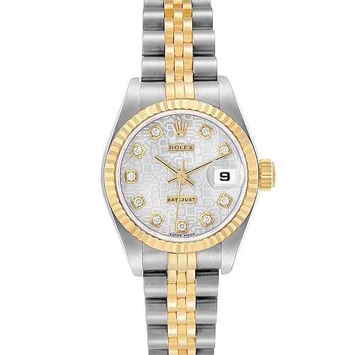 The Rolex Datejust 79173 Women's Steel and Gold (two tone) Silver Dial 79173 Women's Steel and Gold (two tone) Silver Dial watch is shown from a front angle, highlighting its dial, bezel, and two-tone bracelet.