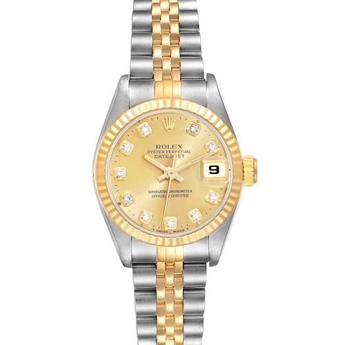 The image shows a Rolex Datejust 69173 Women's Steel and Gold (two tone) Champagne Dial 69173 Women's Steel and Gold (two tone) Champagne Dial watch from a front angle, displaying its gold and silver bracelet, gold dial, and date window.