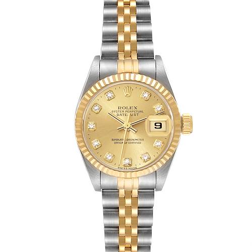 The image shows a frontal view of a Rolex Datejust 69173 Women's Steel and Gold (two tone) Champagne Dial 69173 Women's Steel and Gold (two tone) Champagne Dial watch, displaying the dial, bezel, crown, and bracelet.