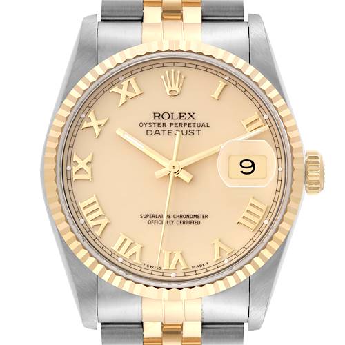This image shows a front view of a Rolex Datejust 16233 Men's Steel and Gold (two tone) Beige Dial 16233 Men's Steel and Gold (two tone) Beige Dial watch, highlighting the dial, bezel, hands, and part of the bracelet.