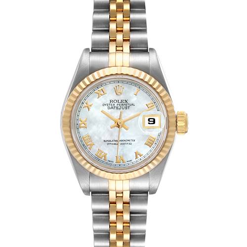 The Rolex Datejust 69173 Women's Steel and Gold (two tone) Mother of Pearl Dial 69173 Women's Steel and Gold (two tone) Mother of Pearl Dial watch is shown from a top-down angle, highlighting the face, bezel, and bracelet.