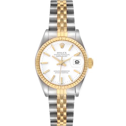 The Rolex Datejust 69173 Women's Steel and Gold (two tone) White Dial 69173 Women's Steel and Gold (two tone) White Dial watch is shown from the front, displaying the dial, bezel, crown, and bracelet clearly.