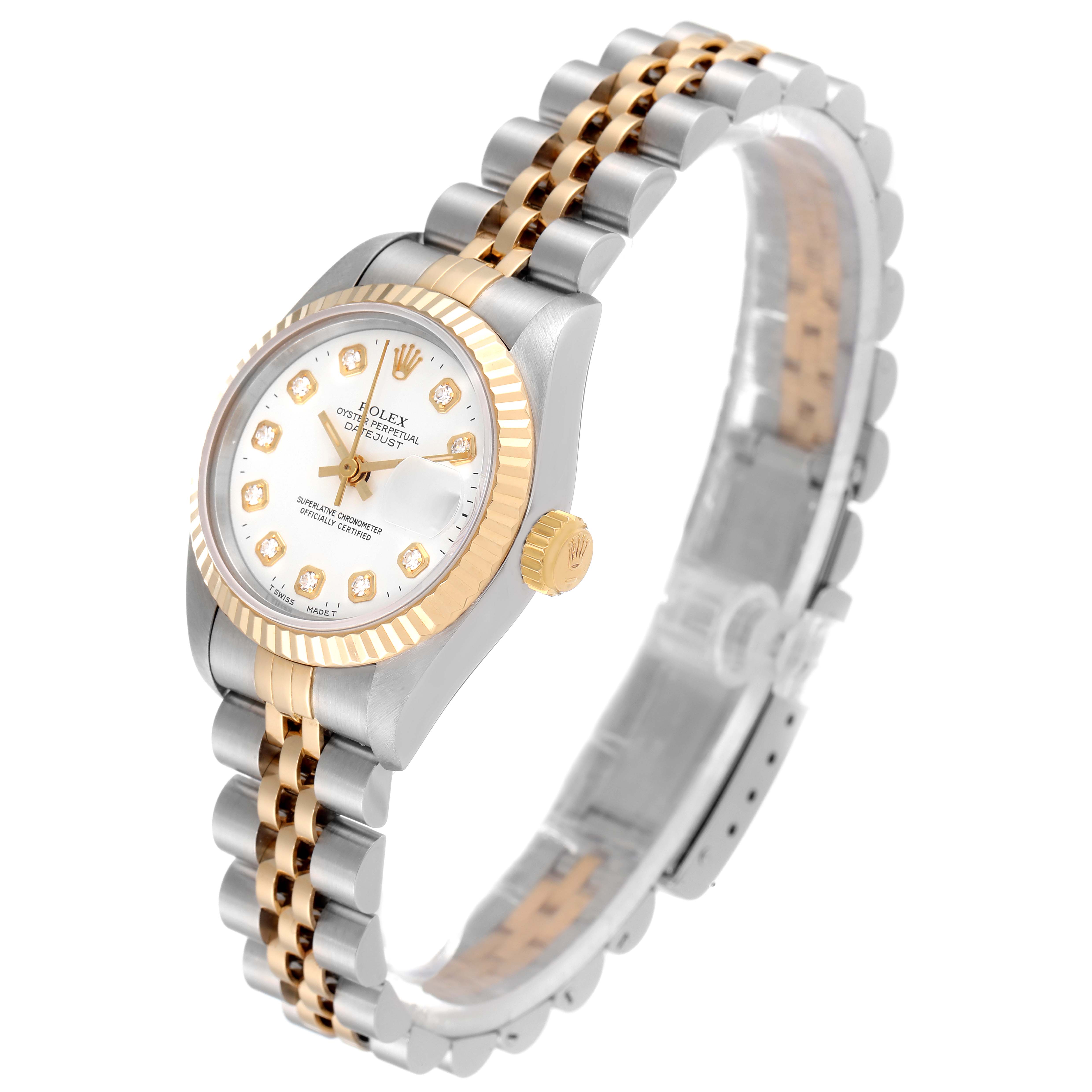 This Rolex Datejust 69173 Women's Steel and Gold (two tone) White Dial 69173 Women's Steel and Gold (two tone) White Dial watch is shown from a left side angle, featuring the face, crown, and two-tone bracelet.