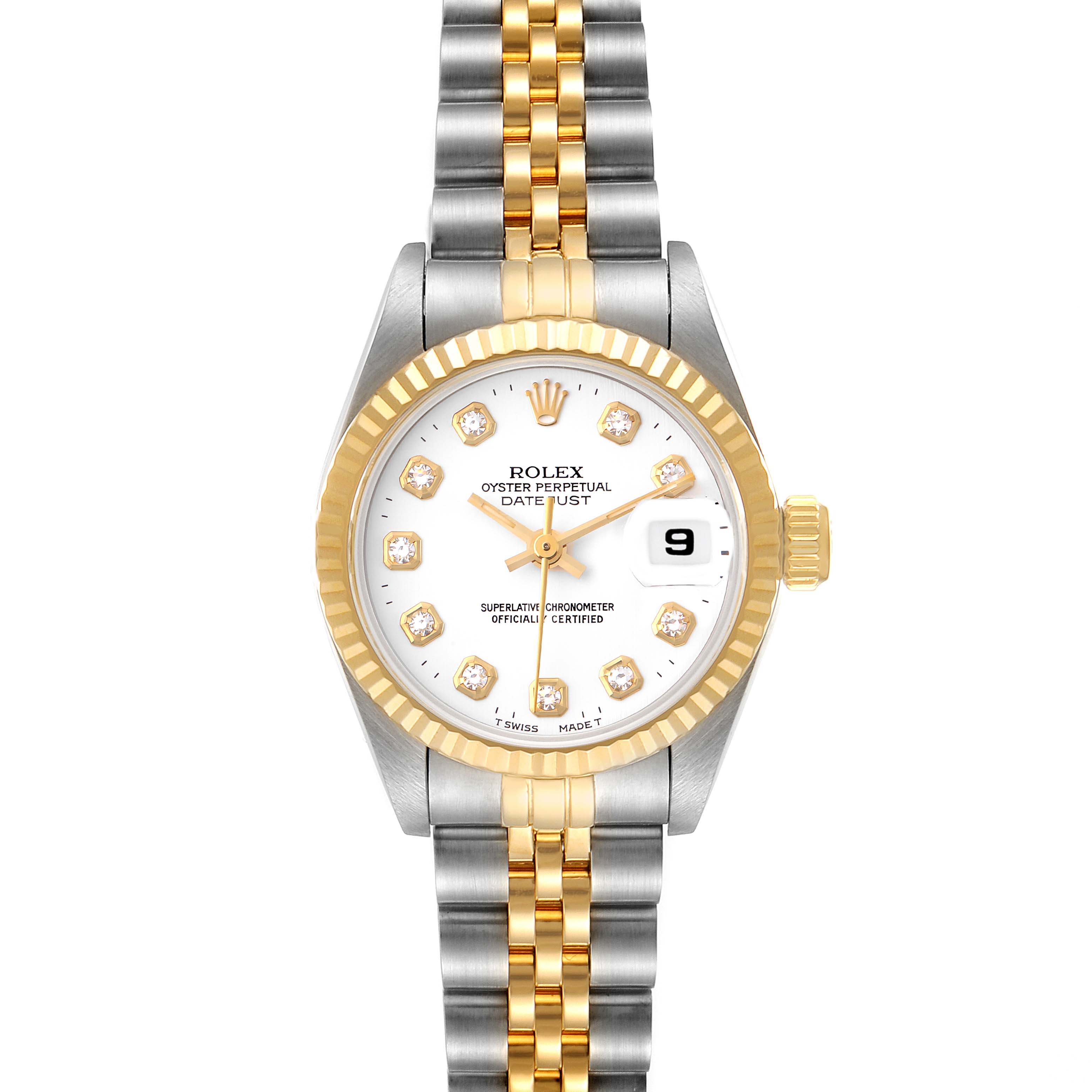 This image shows a front view of a Rolex Datejust 69173 Women's Steel and Gold (two tone) White Dial 69173 Women's Steel and Gold (two tone) White Dial watch with a two-tone bracelet, fluted bezel, and diamond hour markers.