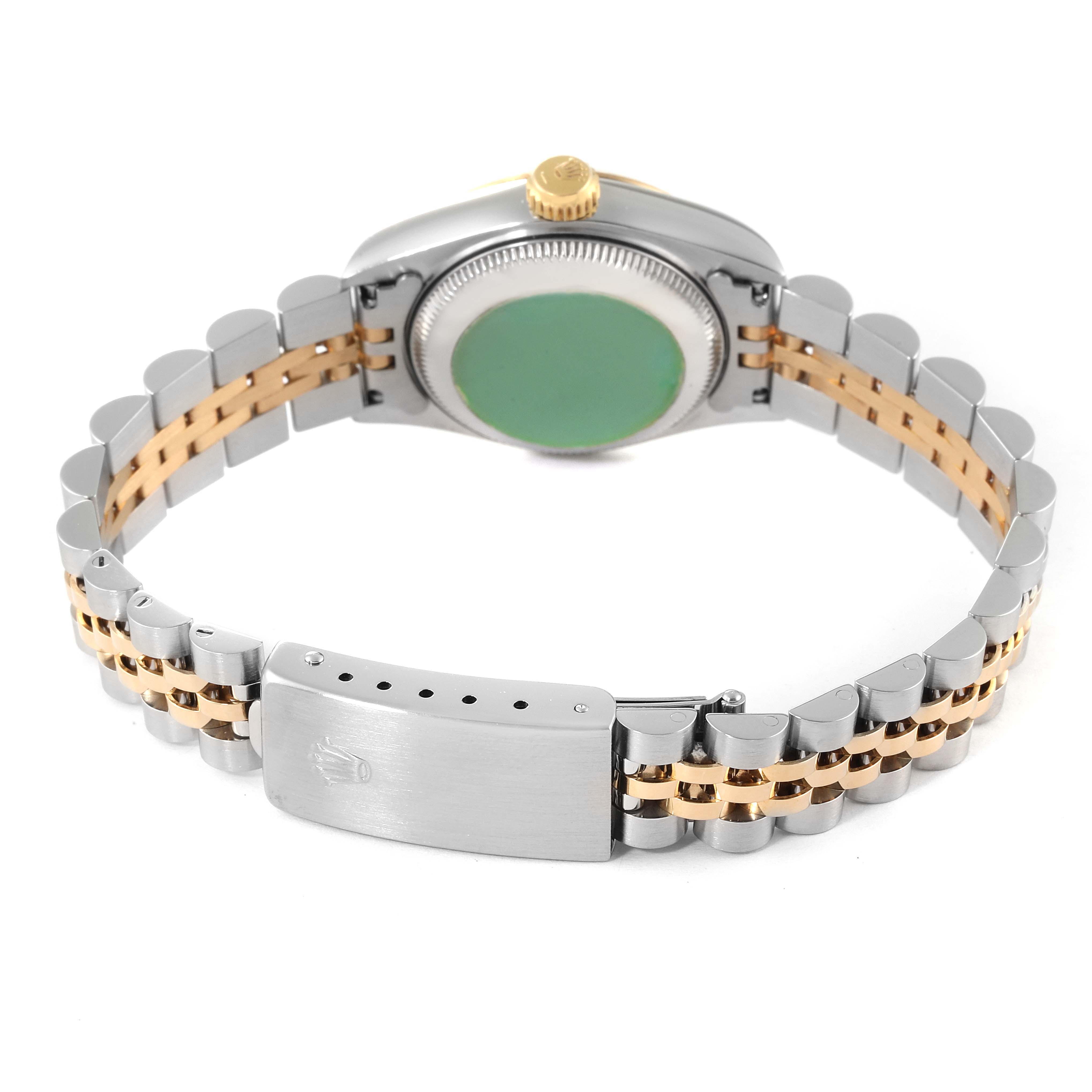 The image shows the back view of the Rolex Datejust 69173 Women's Steel and Gold (two tone) White Dial 69173 Women's Steel and Gold (two tone) White Dial watch, highlighting the bracelet and clasp.