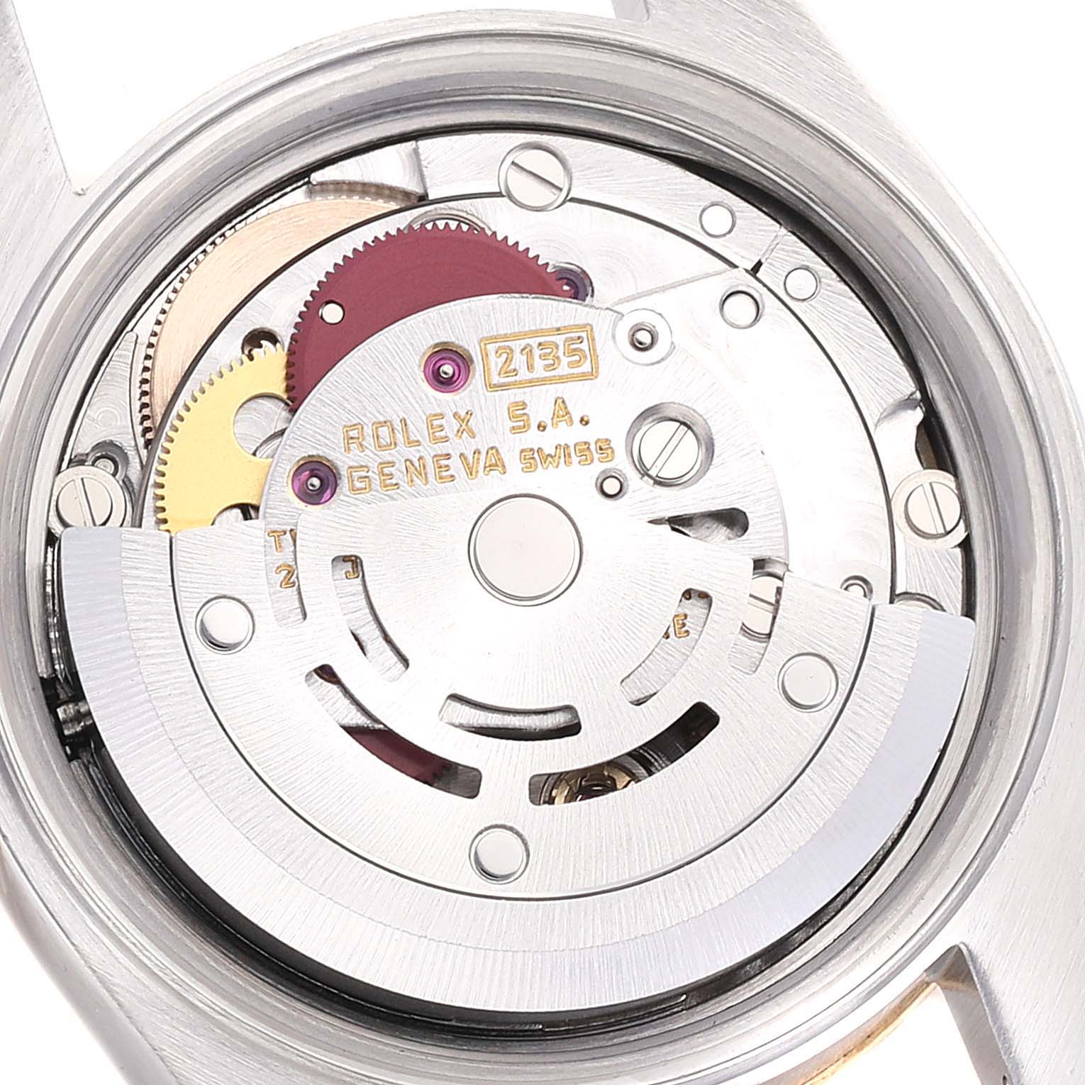 This image shows the movement mechanism of the Rolex Datejust 69173 Women's Steel and Gold (two tone) White Dial 69173 Women's Steel and Gold (two tone) White Dial watch from a top-down view.