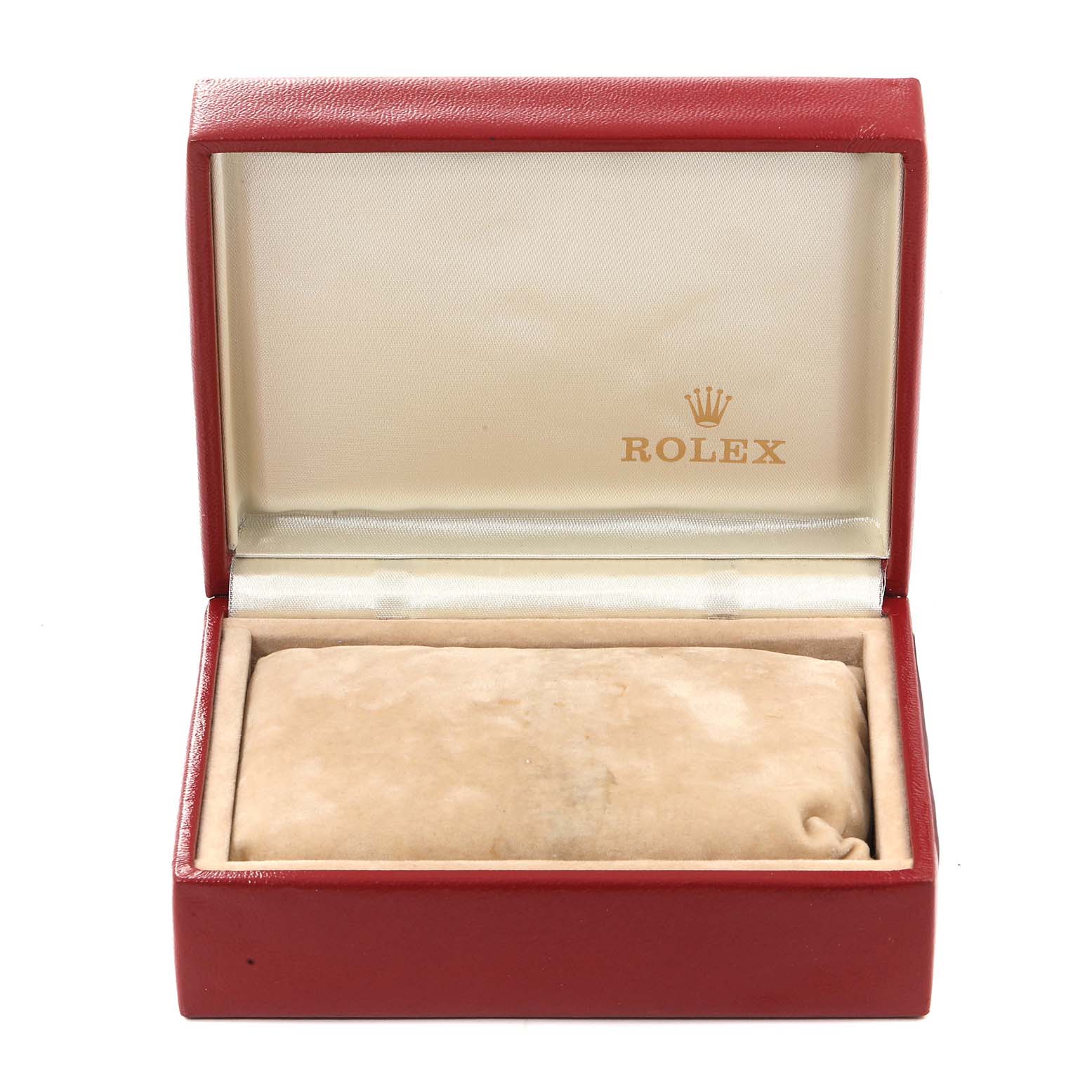 The image shows an open Rolex Datejust 69173 Women's Steel and Gold (two tone) White Dial 69173 Women's Steel and Gold (two tone) White Dial watch box with a cushioned interior and the Rolex logo inside the lid.