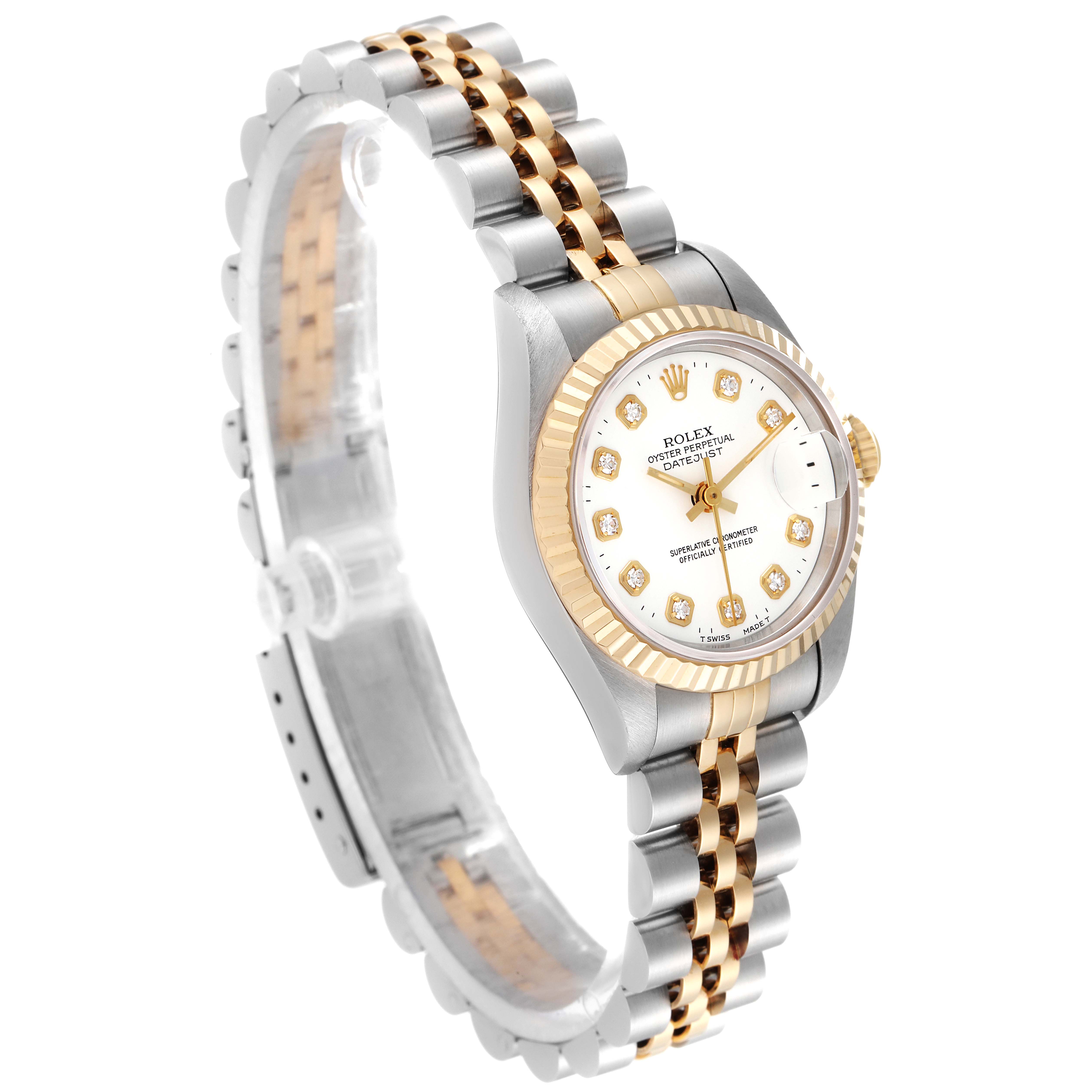 The image shows a side view of the Rolex Datejust 69173 Women's Steel and Gold (two tone) White Dial 69173 Women's Steel and Gold (two tone) White Dial watch, highlighting its two-tone bracelet and detailed dial.