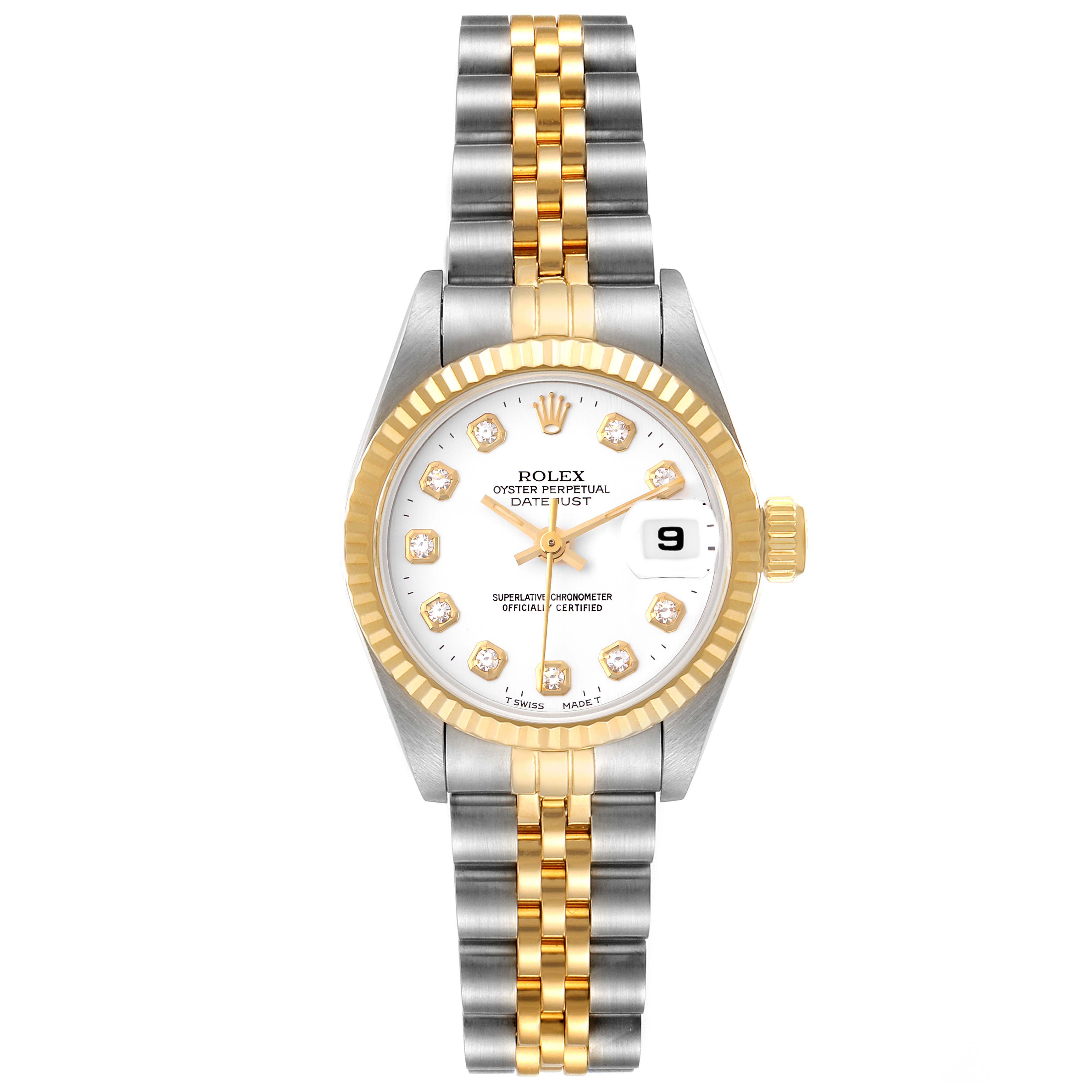 This Rolex Datejust 69173 Women's Steel and Gold (two tone) White Dial 69173 Women's Steel and Gold (two tone) White Dial model is shown from a front angle, displaying the face, bezel, and bi-metal Jubilee bracelet.