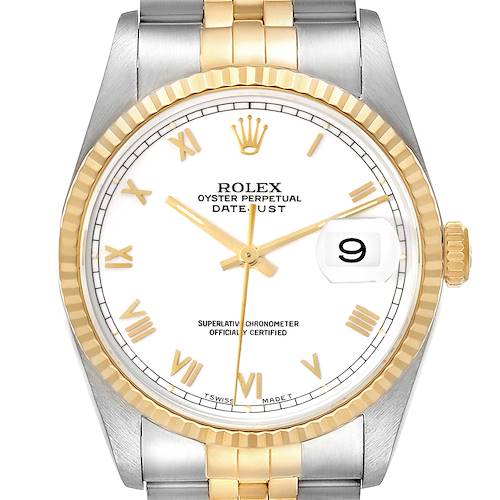 This Rolex Datejust 16233 Men's Steel and Gold (two tone) White Dial 16233 Men's Steel and Gold (two tone) White Dial watch is shown from the front, displaying the dial, bezel, and part of the bracelet.