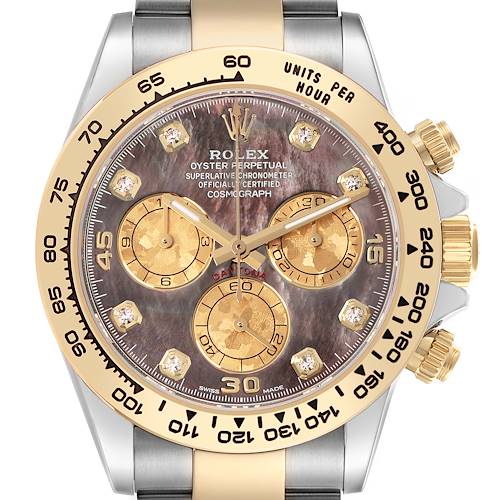 The Rolex Daytona 116503 Men's Steel and Gold (two tone) Mother of Pearl Dial 116503 Men's Steel and Gold (two tone) Mother of Pearl Dial watch is shown from the front, displaying its dial, bezel, crown, and chronograph sub-dials.