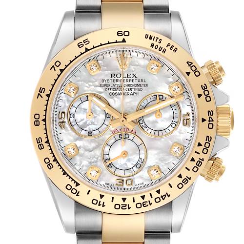 The image shows a frontal angle of a Rolex Daytona 116503 Men's Steel and Gold (two tone) Mother of Pearl Dial 116503 Men's Steel and Gold (two tone) Mother of Pearl Dial watch, highlighting its gold bezel, sub-dials, and crown.