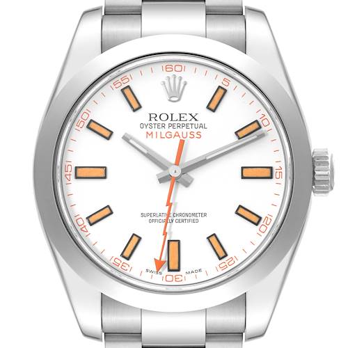 The image shows a front view of the Rolex Milgauss 116400 Men's Stainless Steel White Dial 116400 Men's Stainless Steel White Dial watch, highlighting its dial, hands, markers, and part of the bracelet.