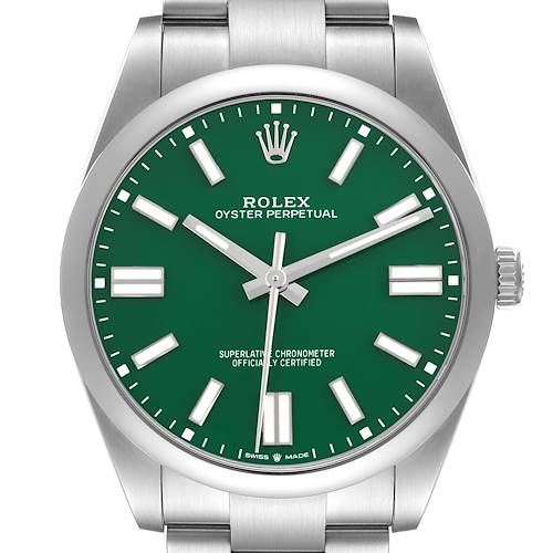 The Rolex Oyster Perpetual 124300 Men's Stainless Steel Green Dial 124300 Men's Stainless Steel Green Dial watch is shown from a top-down angle, highlighting the green dial, crown, and stainless steel bracelet.