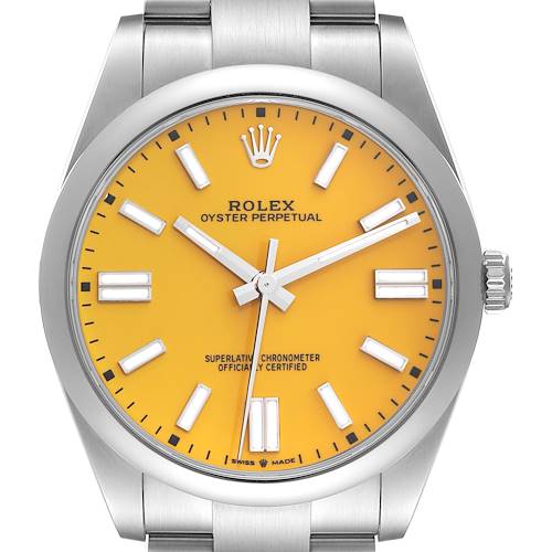 This image shows a close-up of the Rolex Oyster Perpetual 124300 Men's Stainless Steel Yellow Dial 124300 Men's Stainless Steel Yellow Dial watch, featuring a yellow dial, crown, bezel, and part of the bracelet.