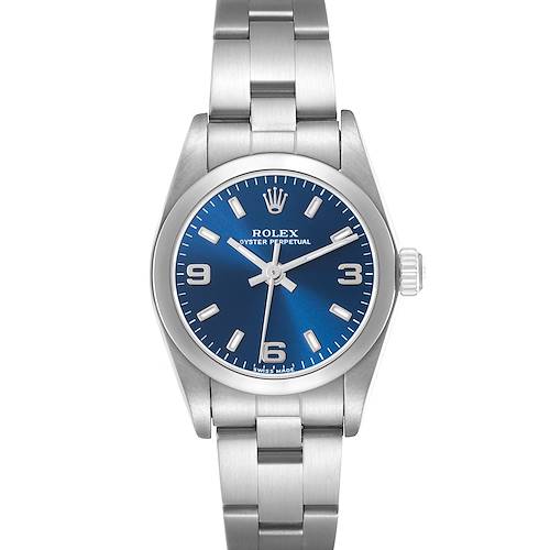 The Rolex Oyster Perpetual 76080 Women's Stainless Steel Blue Dial 76080 Women's Stainless Steel Blue Dial watch is shown from a top-down angle, displaying its blue dial, bezel, and stainless steel bracelet.