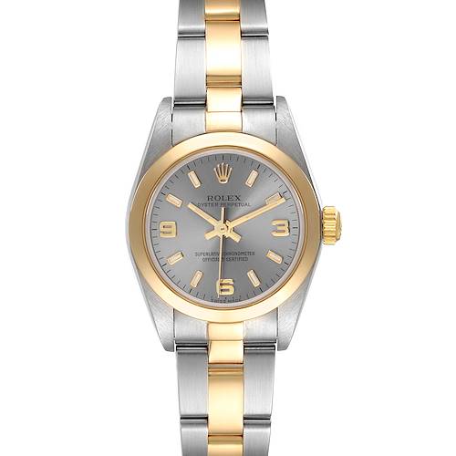 This image shows a front view of the Rolex Oyster Perpetual 76183 Women's Steel and Gold (two tone) Grey Dial 76183 Women's Steel and Gold (two tone) Grey Dial watch featuring a grey dial, gold bezel, and a two-tone bracelet.