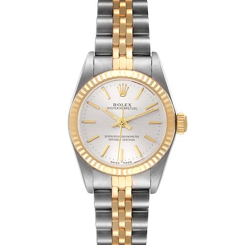 The image shows a front view of a Rolex Oyster Perpetual 76193 Women's Steel and Gold (two tone) Silver Dial 76193 Women's Steel and Gold (two tone) Silver Dial watch with a two-tone bracelet and fluted bezel.