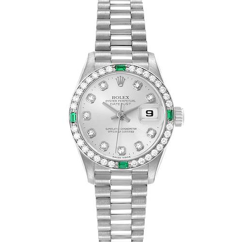 The Rolex President 69079 Women's White Gold Silver Dial 69079 Women's White Gold Silver Dial model is shown from a top-down angle, displaying the dial, bezel, bracelet, and crown.