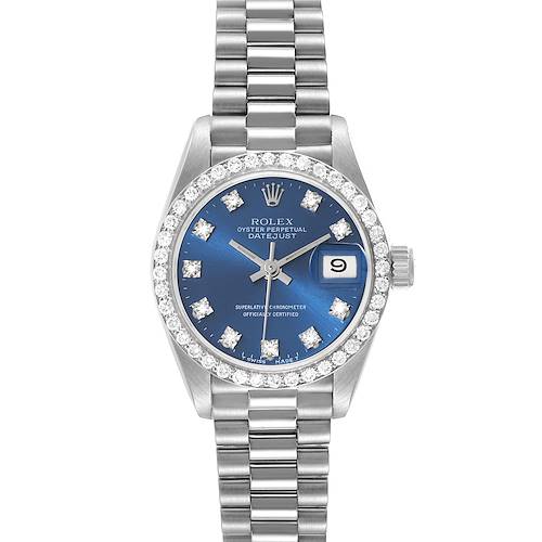 The image shows the Rolex Datejust President model watch from a straight-on angle, displaying its face, bezel, and bracelet.