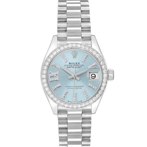 The Rolex President 279136 Women's Platinum Blue Dial 279136 Women's Platinum Blue Dial model is shown from the front, featuring its bracelet, bezel, and dial with a date window at three o'clock.