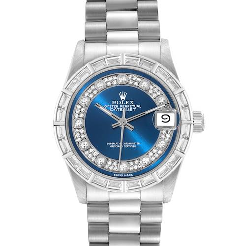 This Rolex President 68266 Women's Platinum Blue Dial 68266 Women's Platinum Blue Dial model watch is shown from the front, highlighting its blue dial, date window, diamond bezel, and silver bracelet.