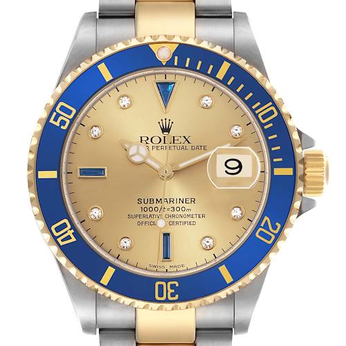 The Rolex Submariner 16613 Men's Steel and Gold (two tone) Champagne Dial 16613 Men's Steel and Gold (two tone) Champagne Dial watch is shown from a front angle, highlighting the dial, hands, date window, and bezel.