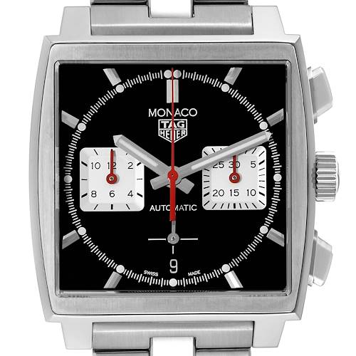 Front view of the Tag Heuer Monaco CBL2113.BA0644 Men's Stainless Steel Black Dial CBL2113.BA0644 Men's Stainless Steel Black Dial watch showing the square dial, two subdials, and stainless steel bracelet.