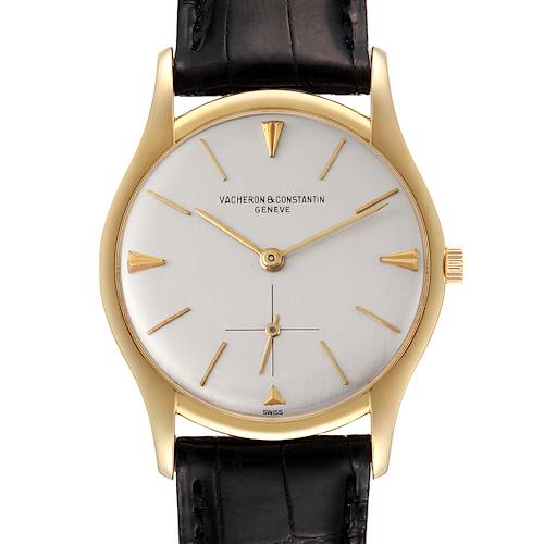 The image shows a frontal view of a Vintage Vacheron Constantin watch, highlighting its dial, hands, markers, case, and strap.