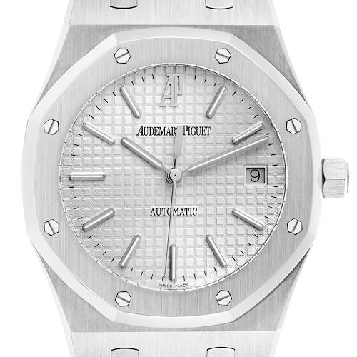 The image shows a close-up of the Audemars Piguet Royal Oak 15300ST.OO.1220ST.01 Men's Stainless Steel White Dial 15300ST.OO.1220ST.01 Men's Stainless Steel White Dial watch, featuring its dial, bezel, and crown from the front angle.